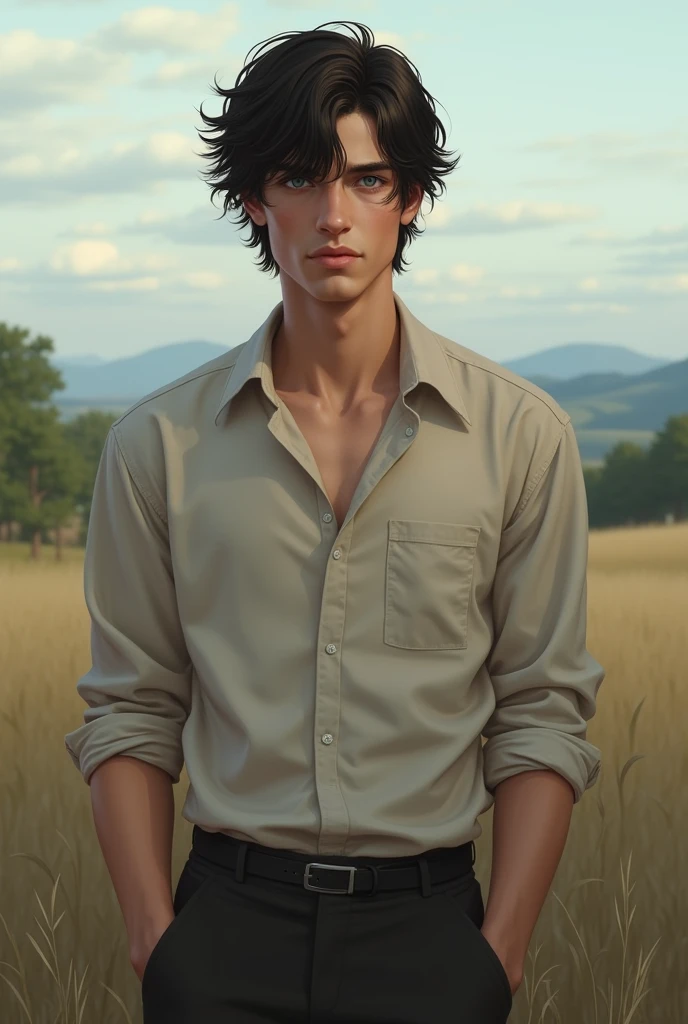 Create a man with the characteristics, most normal: make it realistic, and it shows how it is, not so old, about 20 years old... hair: dark black, slightly wavy and slightly messy. eyes: intense blues, with an air of mystery, and a little sleepy. face: attractive, with well-defined features and a serene expression. outfit: Neutral tone shirt (like gray or white) and dark pants, with a minimalist and elegant style. Posture: Upright and confident, but with a relaxed air. much more realistic, not so lively, Please, with a countryside background. White skin