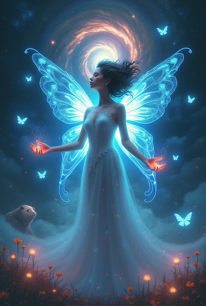 Absurd , High resolution, Super detailed, (1 girl:1.3), break, Great dress, Have, break, Light character, Dark person, Controlling the Mind, fractal, whole body, Sealing, Artistic training, Blue luminescence, Geometric, organic, bless, agreement, Sublime, Majestic, noble, expand, Relax, anti-gravity, antimatter, A guardian angel, saint, 神saint, spiritual, Dignified, Red bioluminescence, Flowers, Holographic Wing, It's not a magic circle., Photon, butterfly, scale, Milky Way, bear,
