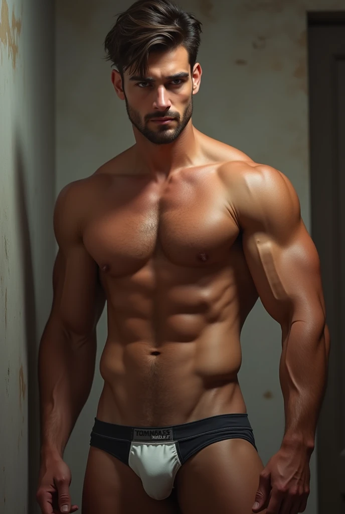 1 guy with a big dick and in underwear looking forward very hot and blushing
