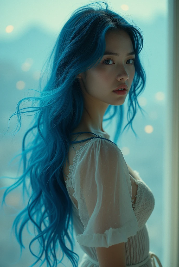 An attractive size 1 woman with long dark blue gradient hair l, a kodachrome film