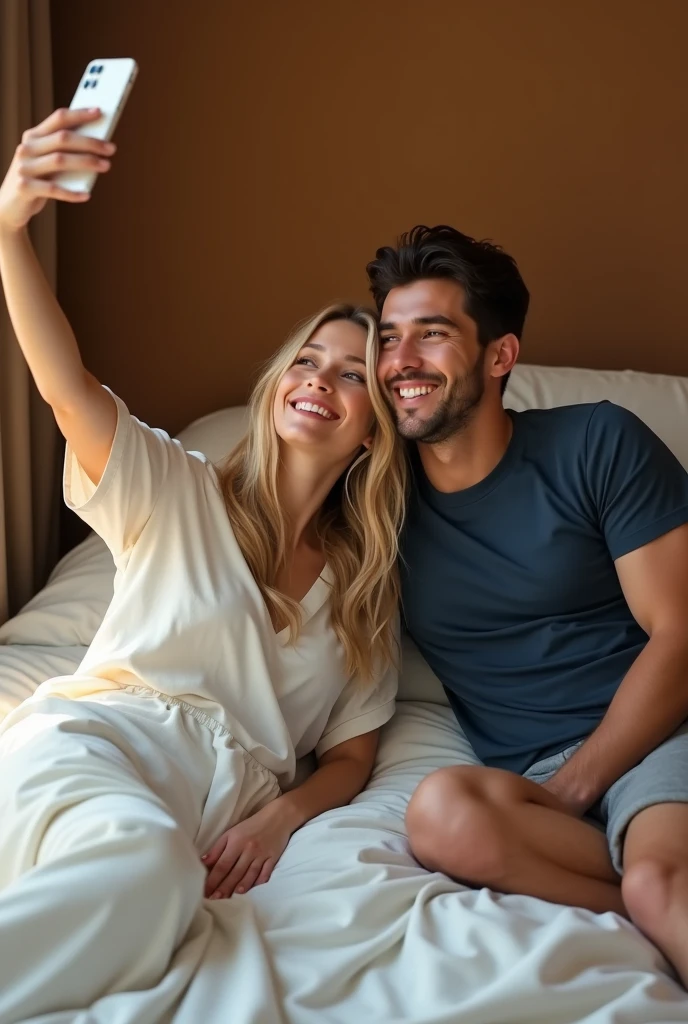 1. **Characters:**
   - **Woman:** A Caucasian woman with long, flowing blond hair. She's wearing a basic, comfortable white shirt, which drapes down to her hips, accentuating a casual and relaxed appearance.
   - **Man:** A Caucasian man with short, neatly-styled black hair. He's dressed in a basic navy blue shirt and gray shorts, contributing to a laid-back, at-home vibe.

2. **Pose and Interaction:**
   - Both the man and woman are lying side by side on a spacious bed, suggesting intimacy and warmth. 
   - The woman rests her head gently on the man's chest, depicting closeness and comfort.
   - They are smiling softly as they take a selfie together, capturing a moment of happiness and connection.

3. **Setting and Environment:**
   - The bedroom is cozy and inviting, featuring white bed sheets that provide a fresh and clean look.
   - The walls are a warm brown hue, adding depth and contrast to the scene.
   - Soft, warm lighting permeates the room, casting delicate shadows and highlighting the features of the characters and the textures of the surroundings.

4. **Artistic Style and Details:**
   - The image should capture realistic and intricate details, emphasizing textures of skin, fabric, and hair.
   - The color palette should consist of warm, inviting tones, enhancing the feeling of comfort and serenity.
   - Artistic influences should be inspired by the detailed and imaginative style of Greg Rutkowski and Alphonse Mucha, blending realism with subtle artistic flair.