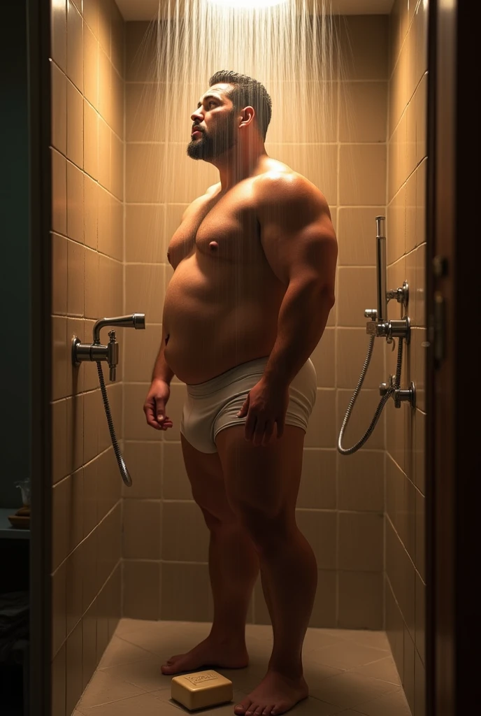  JOGADOR DE RUGBY parrudo de fully body cueca boxer branca, taking a shower under the shower turned on, protruding belly on display, fully body, fatter, soap at your feet, bathroom background with shower on, humid, vapour, water, immersive and sensual lighting
