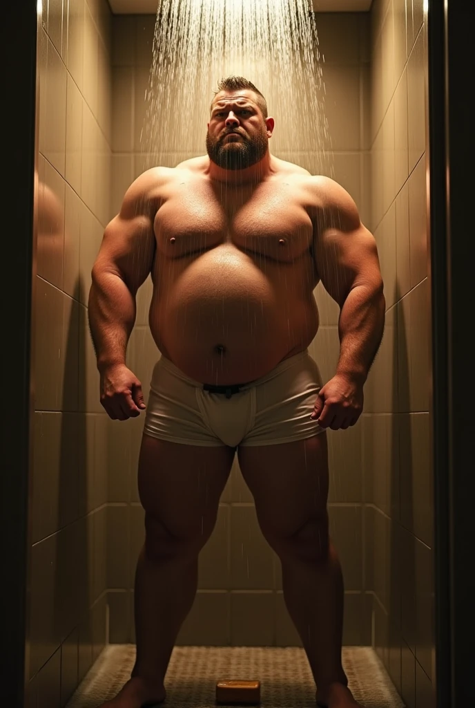  JOGADOR DE RUGBY parrudo de fully body cueca boxer branca, taking a shower under the shower turned on, protruding belly on display, fully body, fatter, soap at your feet, bathroom background with shower on, humid, vapour, water, immersive and sensual lighting
