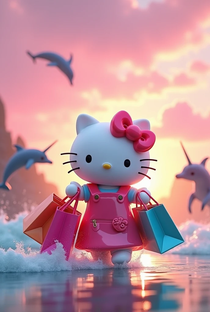 Happy Hello Kitty with many shopping bags while holding credit card in hand on pink background with dolphins and unicorns jumping in the sea during sunset