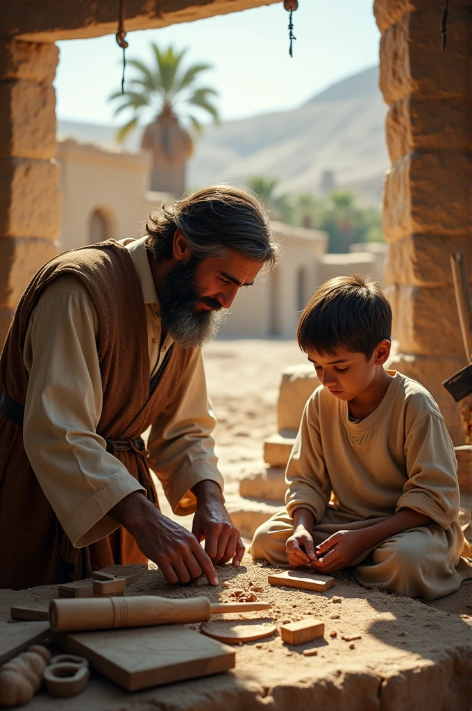 Create an image of Joseph teaching carpentry to Jesus according to the Palestinian stereotype