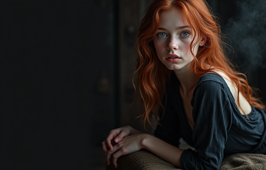 (young Kristina Pimenova ginger hair teen girl, blue eyes:1.6), (no panties:1.8), (naked, nude:1.8), (Without clothes, no bra:1.8),(long, messy hair, hair floating in the wind:1.6), blue eyes, detailed eyes, detailed lips, (lies nude, sensual, full body:1.5), (photo from different angles:1.5), (lies on creepy and scary gothic bed, fog:1.6), low neck, ray tracing, (best quality, 4k, 8k, high resolution, masterpiece:1.2), very detailed, (realistic , photorealistic, photorealistic :1.37), HDR, UHD, masterpiece, professional, vivid colors, bokeh, studio lighting