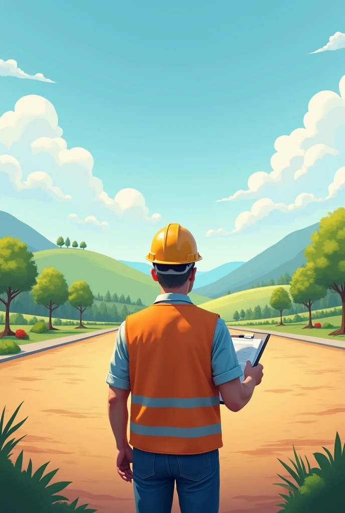 give me a big picture an engineer , in front of a plot of land that will become a park