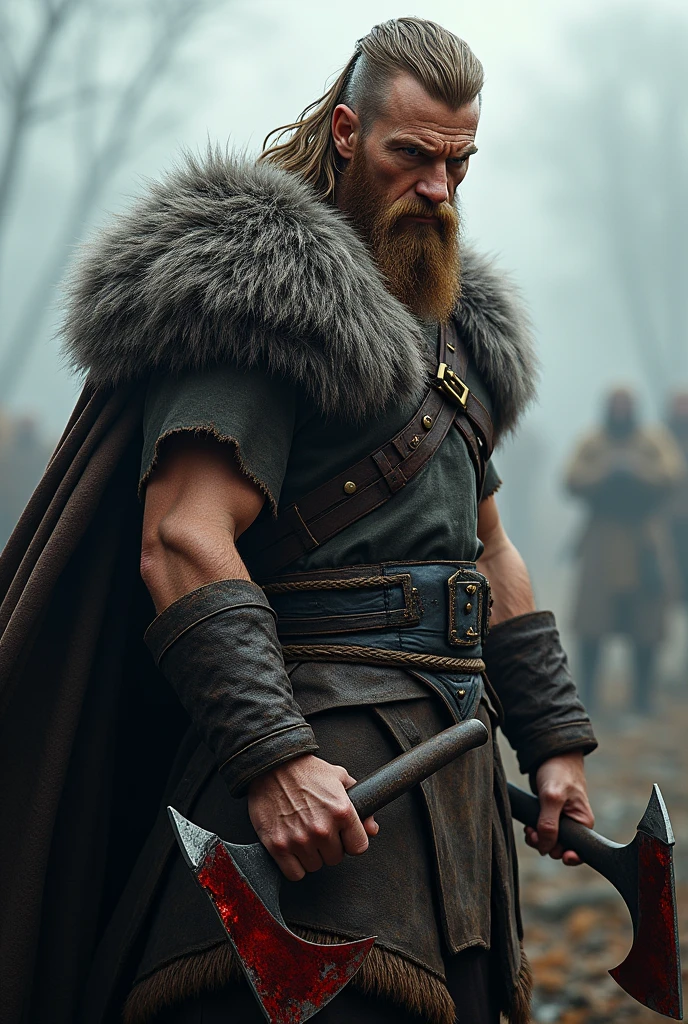 De acteur van vikings Ragnar lothbrok, met twee bijlen met bloed eraan, agressieve houding, zijaanzicht