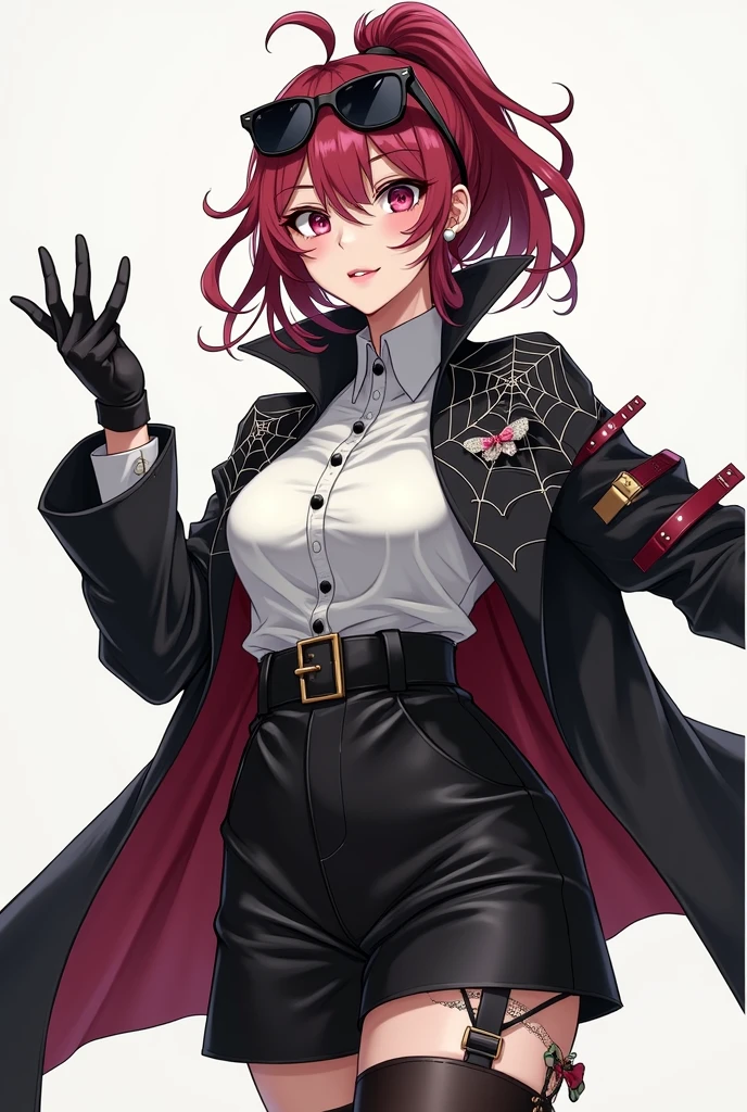 young woman with red wine colored hair that she ties into a messy ponytail, with two loose bangs hanging on each side. Their eyes are of a similar color, clearer. She has dark, pin-shaped sunglasses on top of her head and a pearl earring in her right ear..

He wears a white dress shirt along with a black jacket that hangs from his shoulders.. There is a silver butterfly brooch on his left lapel.. On the back there is a large spider-shaped pattern in the center, along with cobwebs on both shoulders, with a burgundy interior. There are sangria-colored straps with gold detailing on both the jacket and thighs., and gloves of a similar tone.

She wears high-waisted black shorts and nylon stockings., with a thigh garter on the right leg. She also wears two black boots of different lengths.: above the knee on the right leg, slightly above the ankle on the left