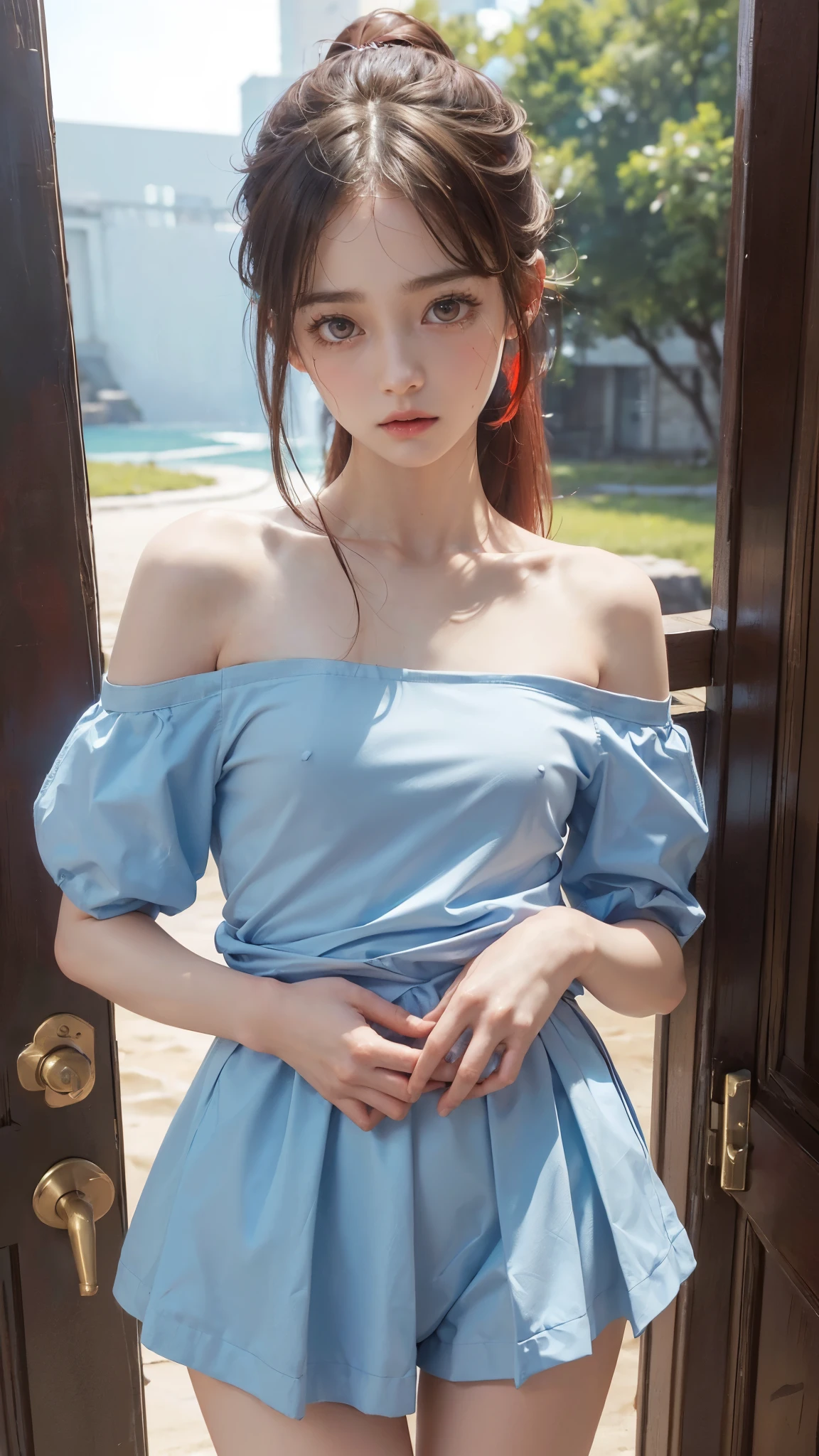 Standing with the sandy beach in the background、 long legs、two girls、(((flat chest))), (flat chest:1.1)、((best quality)), ((masterpiece)), (detailed), 1girl, off-shoulder,clothes too big exposing chest,(little chest),(beautiful big eyes:1.3),extremely detailed cute face, (((flat chest))),intricate eyes,beautiful detailed eyes,symmetrical eyes,(((detailed face))),beautiful detailed lips,(nsfw)), ((downblouse, upskirt)),(((flat chest))), (flat chest:1.1)、(baggy, sagging clothes, upskirt, downblouse), dynamic pose,looking at viewer, (((embarrassed))),(horrified expression),(crying),highres,(best quality),(ultra detailed,extremely detailed),perfect face details, ((masterpiece:1.4, best quality))+, (ultra detailed)+, long twintails, cute girl,blue clothes, (flat chest:1.3), small breasts, prominent collarbones, skinny arms, flat stomach, visible hip bones, long hair, red hair, white hair, blonde hair, dark hair, ponytail, thick ponytail, heavy ponytail, small breasts、Ultra high definition, high quality, High-resolution model, High detail, Very detailed,