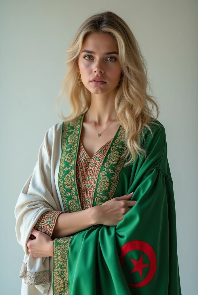 Young blonde woman, wearing a Berber Kabyle dress, with the Algerian flag decorated and finely embroidered. She is holding the scarf on her left shoulder in a professional, sad manner. The background is light gray.. She looks proud of her country..