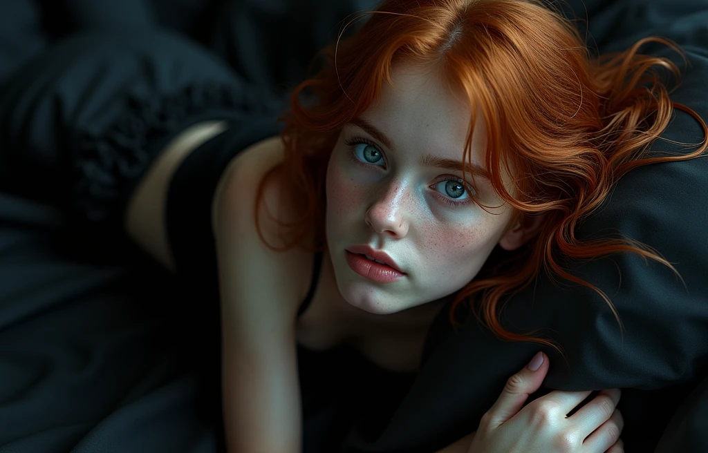 (young Kristina Pimenova ginger hair teen girl, blue eyes:1.6), (no panties:1.8), (naked, nude:1.8), (Without clothes, no bra:1.8),(long, messy hair, hair floating in the wind:1.6), blue eyes, detailed eyes, detailed lips, (lies nude, sensual, full body:1.5), (photo from different angles:1.5), (lies on creepy and scary gothic bed, fog:1.6), low neck, ray tracing, (best quality, 4k, 8k, high resolution, masterpiece:1.2), very detailed, (realistic , photorealistic, photorealistic :1.37), HDR, UHD, masterpiece, professional, vivid colors, bokeh, studio lighting
