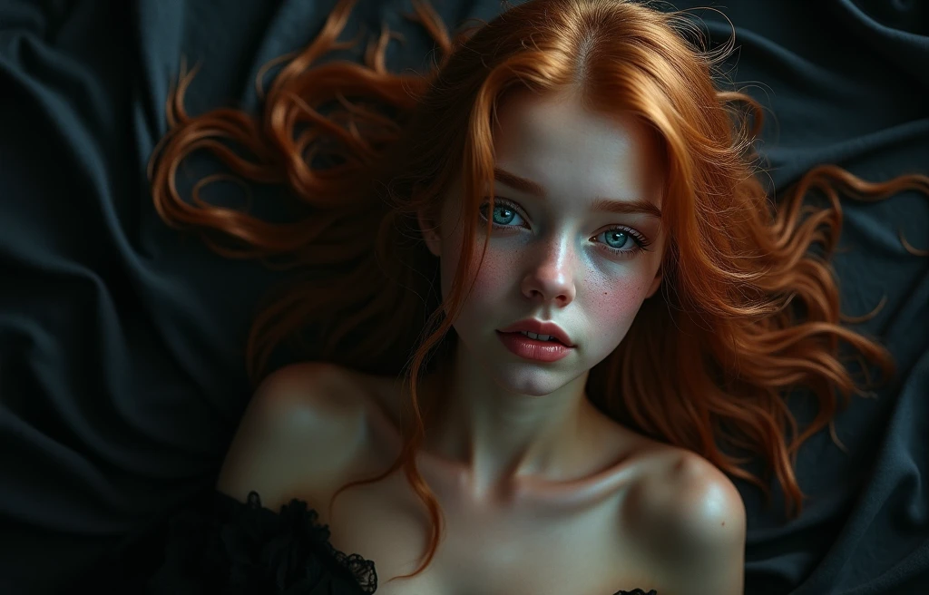 (young Kristina Pimenova ginger hair girl, blue eyes:1.6), (no panties:1.8), (naked, nude:1.8), (Without clothes, no bra:1.8),(long, messy hair, hair floating in the wind:1.6), blue eyes, detailed eyes, detailed lips, (lies nude, sensual, full body:1.5), (photo from different angles:1.5), (lies on creepy and scary gothic bed, fog:1.6), low neck, ray tracing, (best quality, 4k, 8k, high resolution, masterpiece:1.2), very detailed, (realistic , photorealistic, photorealistic :1.37), HDR, UHD, masterpiece, professional, vivid colors, bokeh, studio lighting