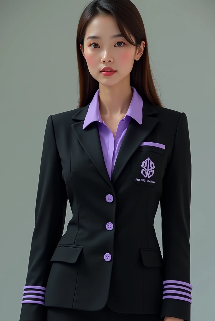 Black uniform with lilac lines on the sleeve and lilac on the polo collar and buttons, with the symbol of the course (bachelor&#39;s degree) in the left chest corner and in lilac color