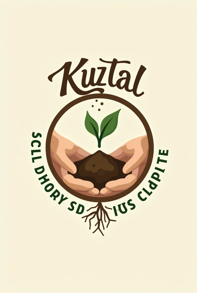 logotipo para un proyecto de soil improvers, from composting, Includes, hands holding ground, soil falls from above, Includes el nombre de "KUZTAL", a circle that surrounds everything, en la parte de abajo en forma de circulo Includes el texto de "soil improvers" in the form of roots