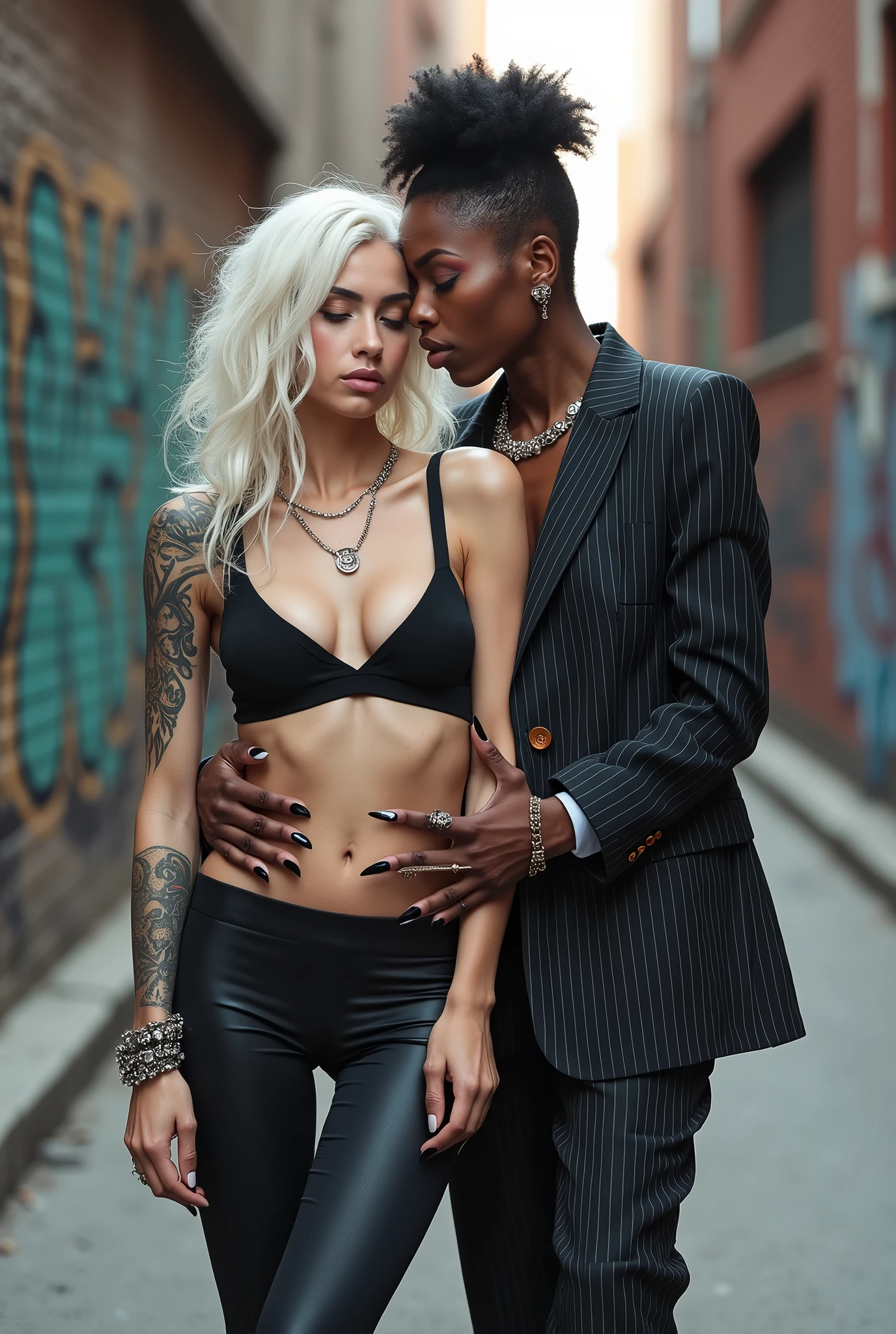 Two russian old milf women: the dominant aggressive dark skinned black woman in business pinstripe suit (jacket and trousers), black heeled shoeslong nails and afro hair, standing up with separated legs and possessive stance showing off her new white girlfriend to the camera (arm around her girlfriends' neck squishing her back tightly, and grabbing tightly the white woman arm with her other hand, like a predator on her prey). Next to her, her white rich drunk girlfriend looks at the camera  (white woman is very pale: pale face, pale neck, pale chest, pale arms, pale hands, pale stomach, pale leg), white woman stretches her neck is feeling overwhelmed by her girlfriend. white woman leans on her girlfriend heavily, feeling needy.  white woman is being seduced. White woman stands up with separated legs, White woman"s body is twisted and unstable, the hands of white woman are on her belt. White woman dresses in  rock chic style: low rise skinny leggings, platinum blonde hair (straight hair with middle part, wide colourful bandana as headband) and oversized square sunglasses as headband. Big lips with no makeup. White woman wears Black studded leather push up bra and has big breasts. Barefoot.. Lots of thick wide studded bracelets in the wrists of the white woman, big pearl necklaces around the neck of the white woman, and big rings, Pearl earrings. Wide loose studded belt with big solid buckle. Loose chains and studded belts around the hips of the white woman. White woman is lazy, leaning on her girlfriend.. The white woman is densely tattooed on neck, tattoed chest, tattoed arms, tattoed stomach, tattoed legs, wrists and feet. White woman has well Toned abdominals, thin neck, slim legs and thin arms. White woman has Narrow hips and noticeable tigh gap. The body of the white woman is twisted in a lazy posture. Full body. On a narrow street with graffitied walls 