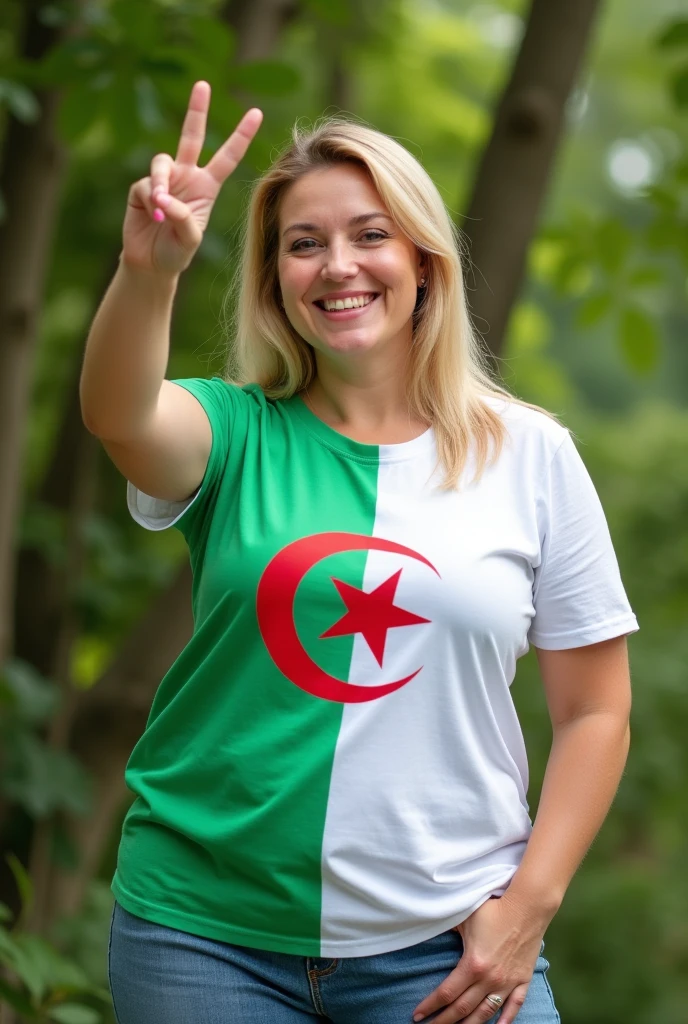 Blonde, plump woman wearing a white and green summer T-shirt with the Algerian flag on it. And she gives the sign of peace with her right hand.. and smile. Green nature background. Realistic picture, she is proud of her country.