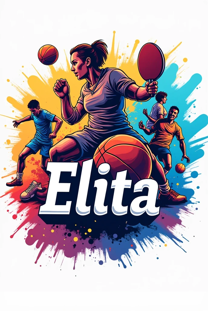 logo with the name Elita and soccer balls, volleyball, basketballs, ping pong, drawings of people fighting martial arts,flashy colors 