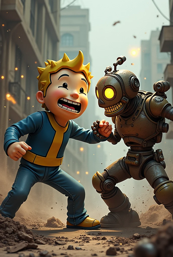 Vault Boy with his signature style Versus Claptrap from Borderlands, fighting in a furious way, seeing a very raw and graphic battle