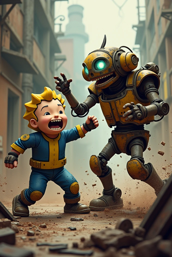 Vault Boy with his signature style Versus Claptrap from Borderlands, fighting in a furious way, seeing a very raw and graphic battle