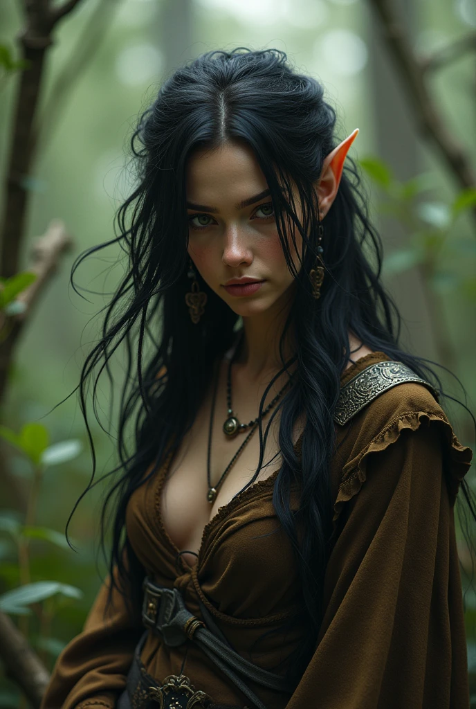 Beautiful war fairy with a non-human face, black hair and brown tones in clothing