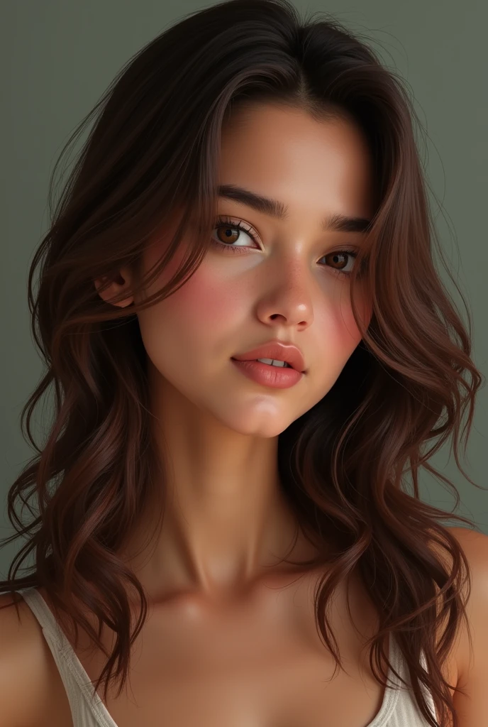 woman between 18 and 20 years old, white, not very pretty, Colombian who is not very thin and has brown hair