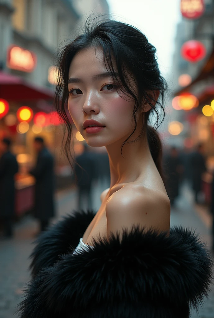 masterpiece, Best Quality, miranda, (half body shot,street lamps,officer),masterpiece, 1 girl, solo exhibition, beautiful woman on the bustling street, surrounded by street vendors, beautiful portrait of goddess girl, beautiful and detailed face, Porcelain skin, (((bust shot, center, evening, black fur, short hair)), super soft lighting, symmetry, complexity, elegance, High detail, Realism, until, Conceptual arts,