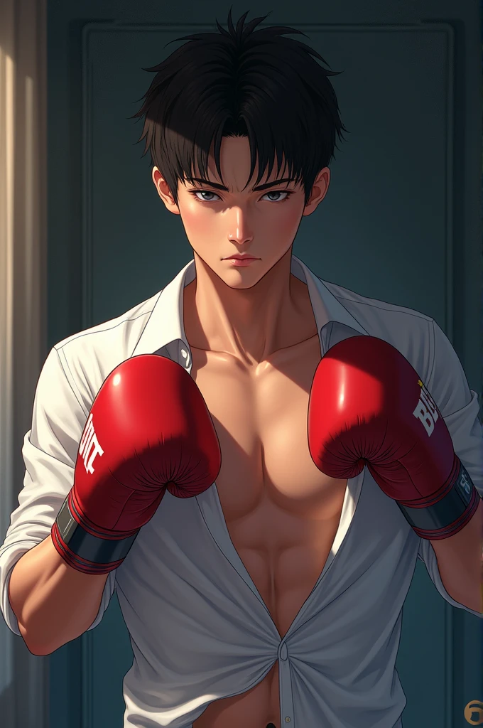 Korean boy boxer, anime styling, taking off your clothes in secret