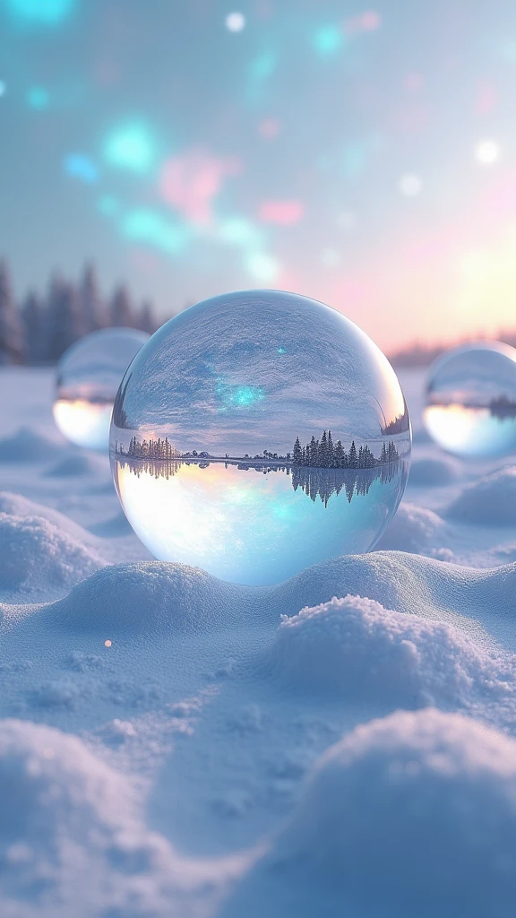 Snowy scenery reflected in a round crystal ball Lots of round crystal balls On top of the piled up snow Iridescent sky