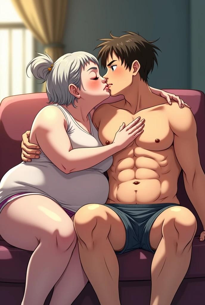 old lady, ugly and somewhat obese girl sitting on a couch kissing abs of a young popular and handsome partially muscular  boy in a thong (anime style)