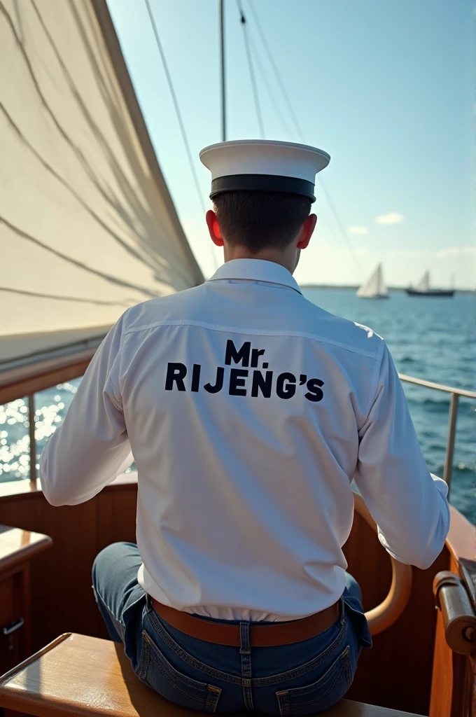Please make a photo of a young man riding or steering a modern ship complete with a sailor's hat and a shirt that says Mr. RIJENG's on the back of his shirt.