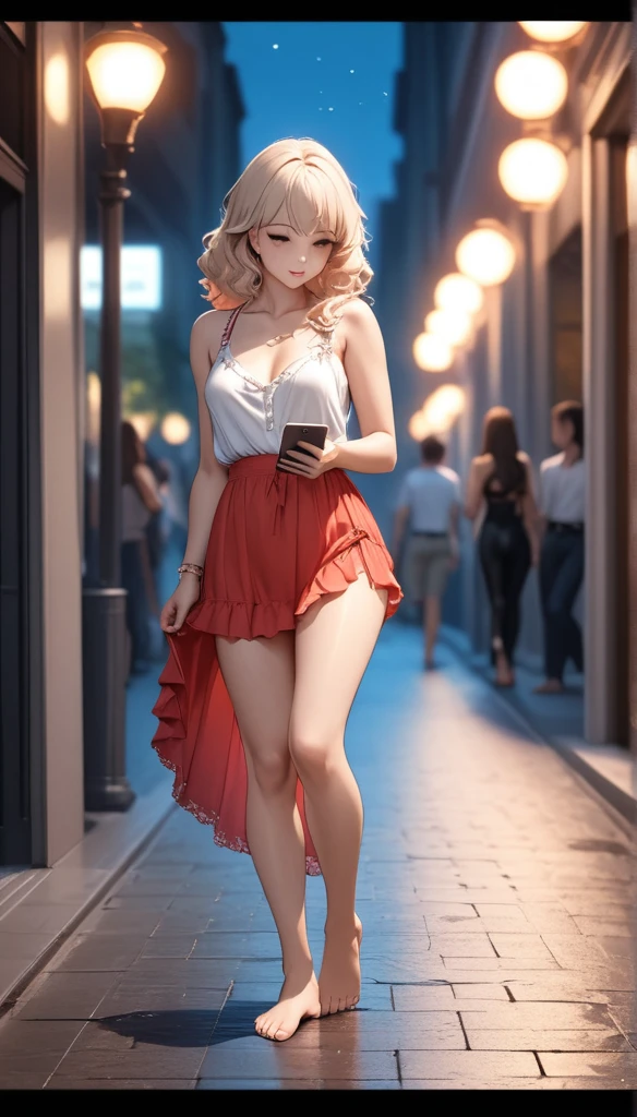 beautiful woman, street lights at night, Playing with smartphones, hot pants, negro, rosa, summer, be hot, passersby, Night gradient, fine details, barefoot, Subtle tones, There is a sense of tranquility in the image.. bokeh, 