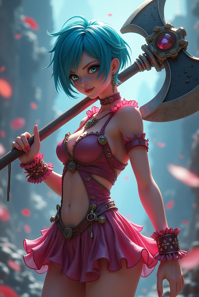 a thicc anime girl, short blue pixie haircut, dark green eyes, large breasts, magical girl outfit, holding a large ax, (best quality,4k,8k,highres,masterpiece:1.2),ultra-detailed,(realistic,photorealistic,photo-realistic:1.37),vibrant colors, dramatic lighting, fantasy, cinematic, highly detailed, intricate, digital art, 3D rendering