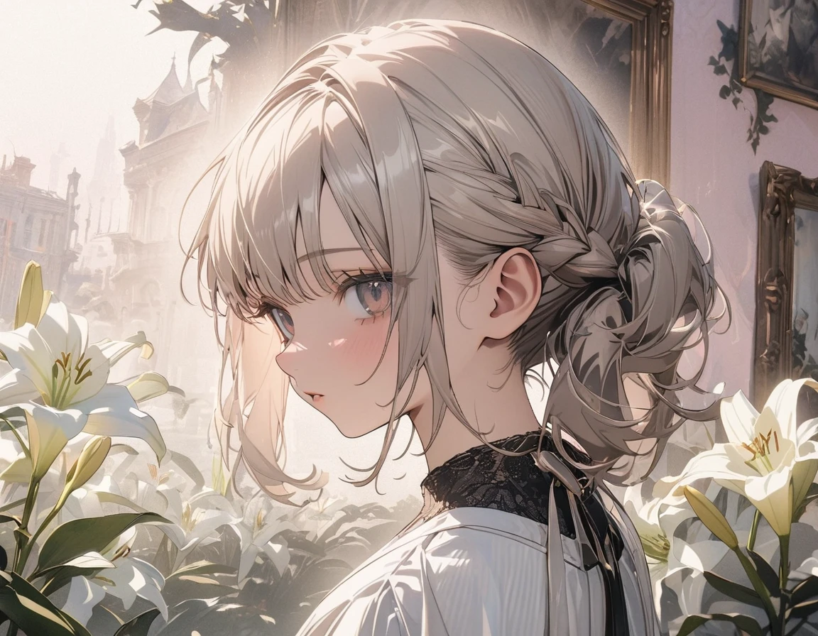 ((Masterpiece)), ((best quality)), ((wide shot)), (super detail:1.2), (High Definition:1.3), ((extremely detailed)), (8K), (Professional Photography:1.2), (very aesthetic:1.2), (absurdres:1.2), perfect anatomy, intricate details, (sharp focus), (perfect light), (drop shadow), ((1girl)), ((cute age girl)), (platinum-gold hair),A woman with short hair in twin pigtails, each braid tied at the ends, resting just above her shoulders. The style is simple yet elegant, with a modern twist, beautiful pale pink background showing lily picture, (cute cheeks), glossy lips, pouty lips, bags under the eyes, (lower eyelashes), (detailed background:1.2), spooky atmosphere, newest,clear line,