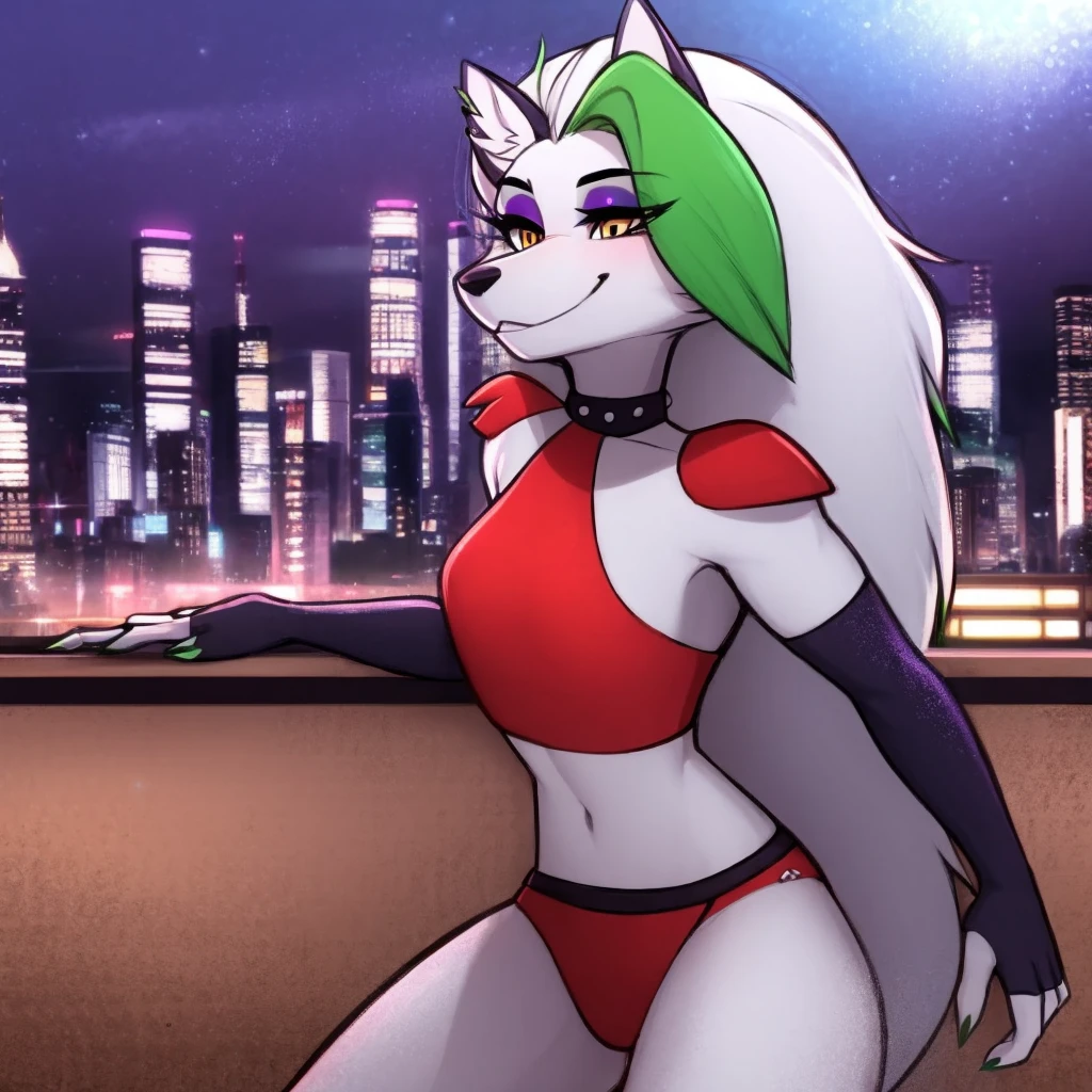 best quality, roxanne mixed with loona, solo, furry female, body fur, makeup, sexy clothes