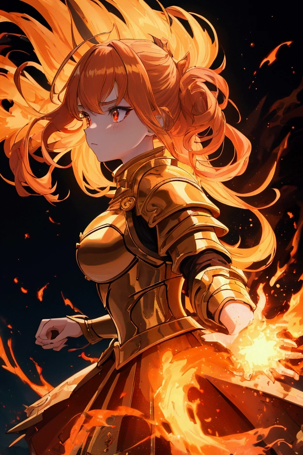 (masterpiece), (best quality), (ultra detailed), young girl in battle, from side, engulfed in flames, dark atmosphere, intense fire effects, flowing hair illuminated by fire, blonde hair, detailed black armor with glowing embers, dynamic pose, epic scene, (cinematic), 8K resolution