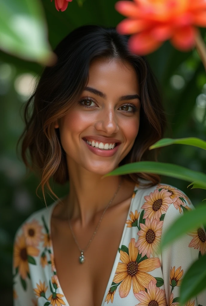 A Brazilian woman in a lush tropical garden, wearing an open shirt with a floral print, with a close-up capturing the harmonious beauty between her breasts and the natural flowers, showing off your natural charm and outgoing personality.