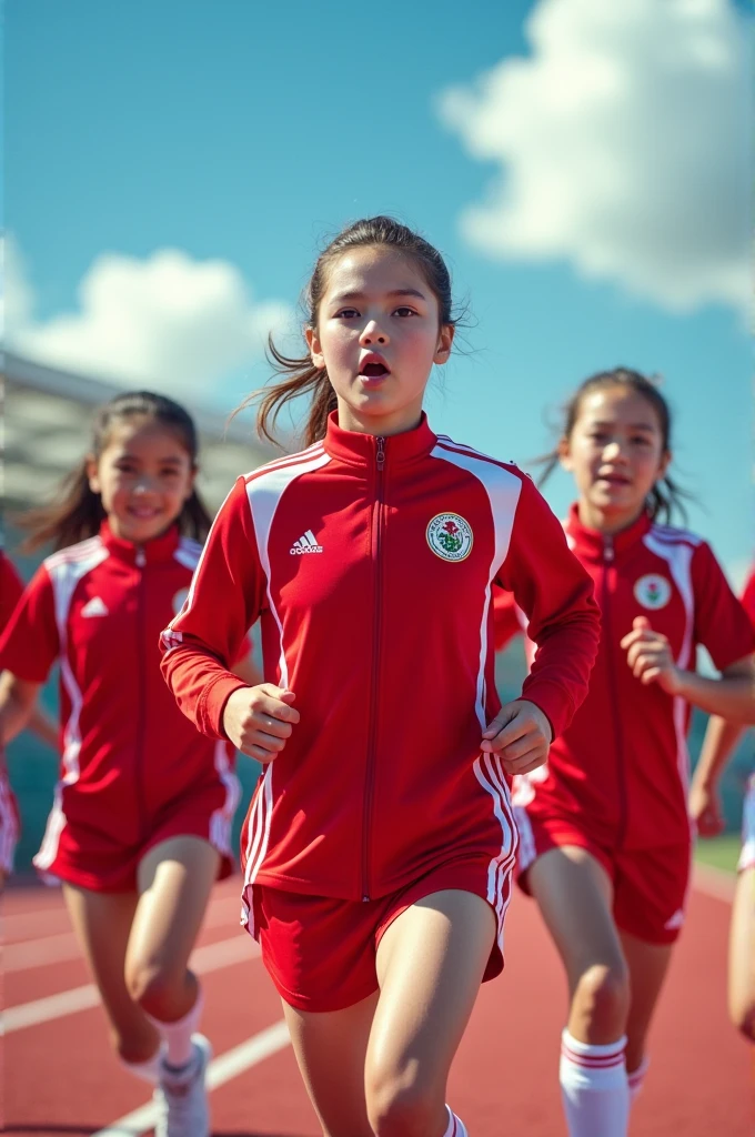 Red Olympics uniform for schools, blue and white 