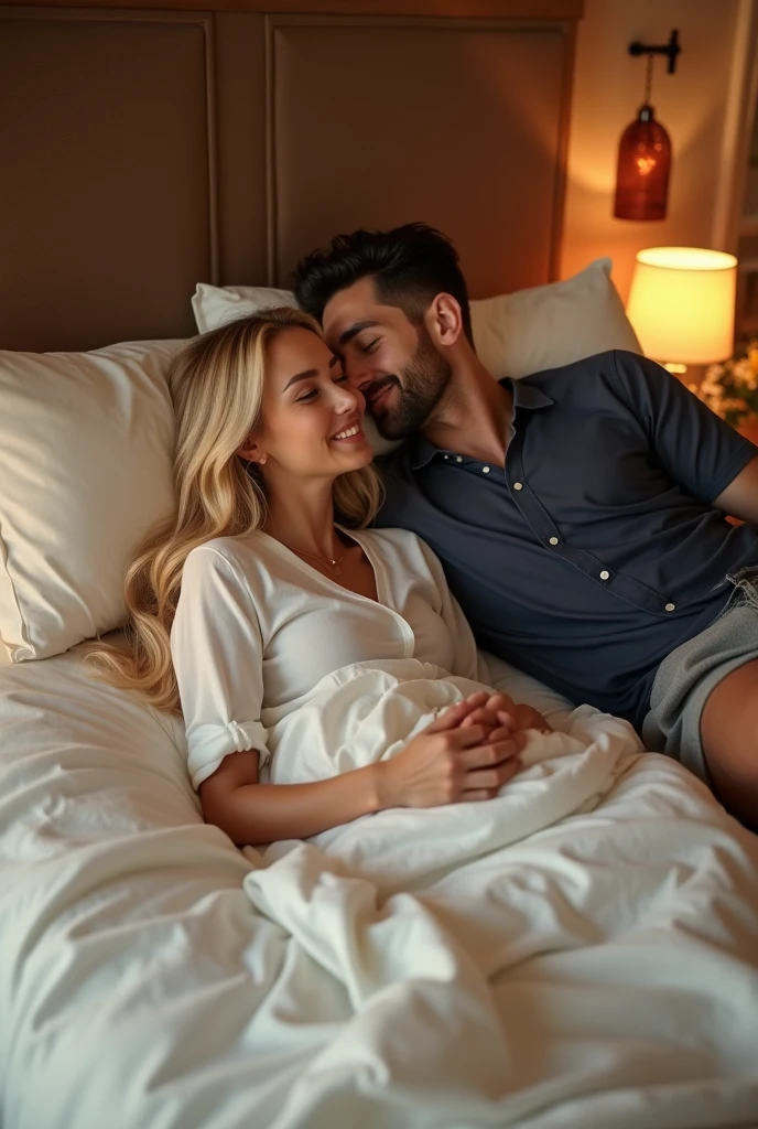 1. **Characters:**
- **Woman:** A Caucasian woman with long, flowing blond hair. She's wearing a basic, comfortable white shirt, which drapes down to her hips, accentuating a casual and relaxed appearance.
- **Man:** A Caucasian man with short, neatly-styled black hair. He's dressed in a basic navy blue shirt and gray shorts, contributing to a laid-back, at-home vibe.
2. **Pose and Interaction:**
- Both the man and woman are lying side by side on a spacious bed, suggesting intimacy and warmth.
- The woman rests her head gently on the man's chest, depicting closeness and comfort.
- They are smiling softly as they take a selfie together, capturing a moment of happiness and connection.
3. **Setting and Environment:**
- The bedroom is cozy and inviting, featuring white bed sheets that provide a fresh and clean look.
- The walls are a warm brown hue, adding depth and contrast to the scene.
- Soft, warm lighting permeates the room, casting delicate shadows and highlighting the features of the characters and the textures of the surroundings.
4. **Artistic Style and Details:**
- The image should capture realistic and intricate details, emphasizing textures of skin, fabric, and hair.
- The color palette should consist of warm, inviting tones, enhancing the feeling of comfort and serenity.
- Artistic influences should be inspired by the detailed and imaginative style of Greg Rutkowski and Alphonse Mucha, blending realism with subtle artistic flair.