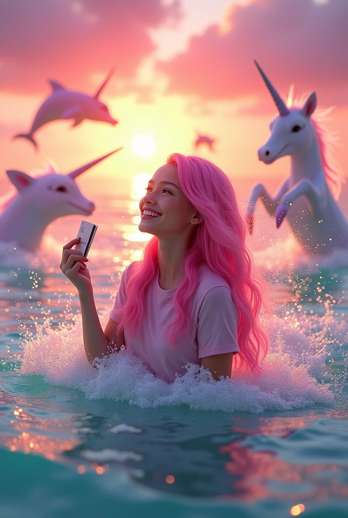 Girl with long pink hair smiling with a credit card in her hand on a pink background with dolphins and unicorns jumping in the sea during sunset