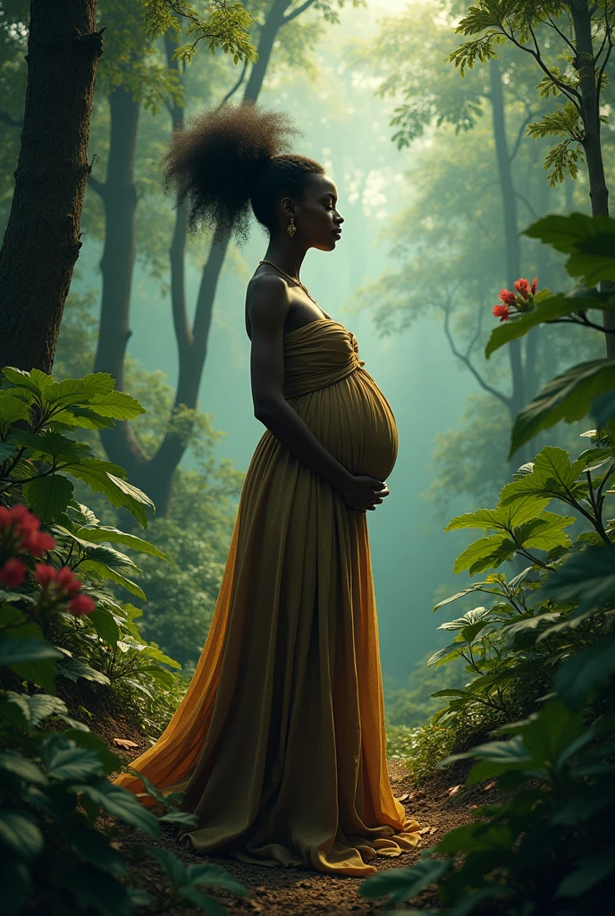 mysterious forest, gorgeous vegetables, femme africaine enceinte se tenant au milieu de la forêt, en connexion avec la nature.