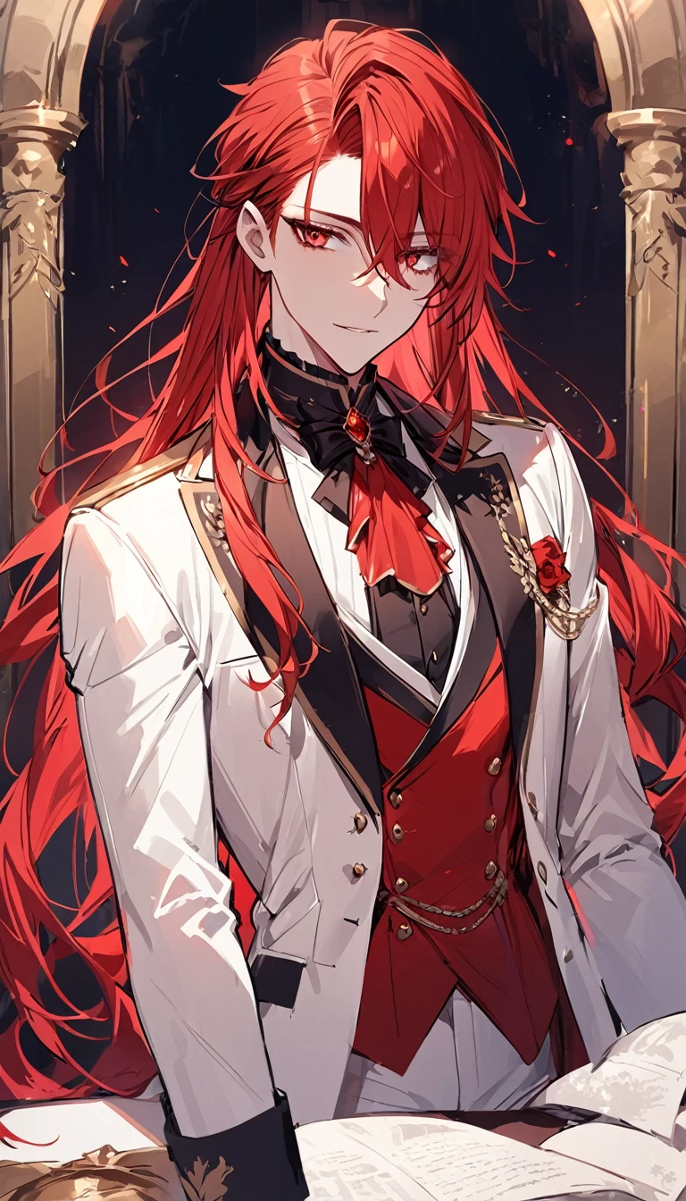 alone, good looking, 1 male, Long hair, red hair, red eyes, noble suit, Front Facing, Vtuber Front Facing Camera, royal uniform suit