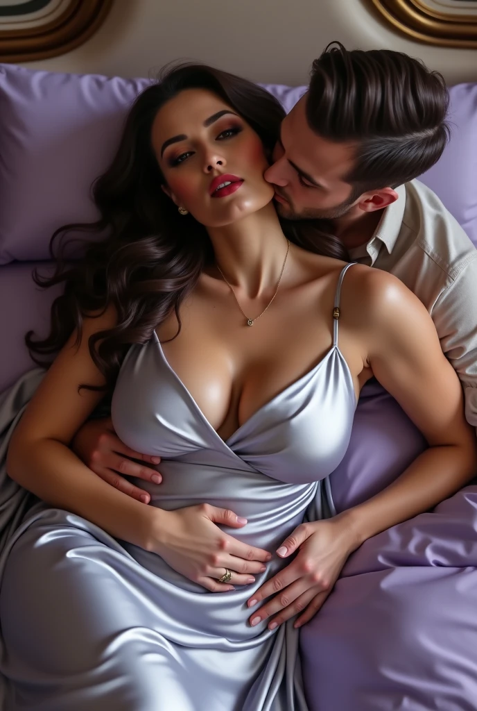 Russian milf with big boobs wearing silk silver satin dress maxi lying on a wedding bed with king size light purple duvet color kissed on neck by a man from behind