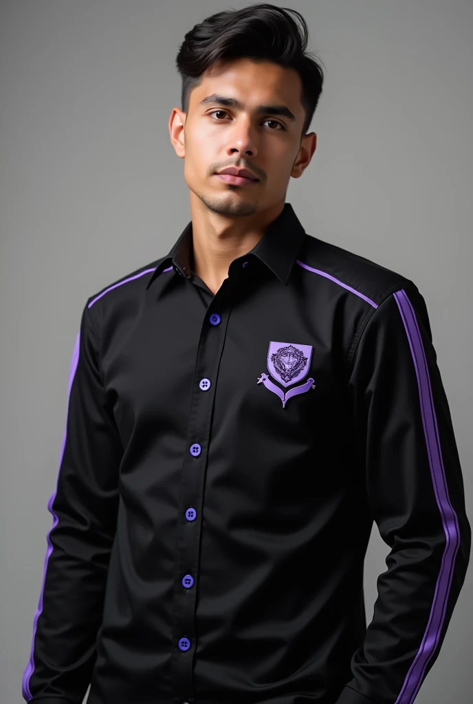 Black uniform with lilac lines on the sleeve and lilac on the polo collar and buttons, with the symbol of the course (bachelor&#39;s degree) embroidered on the left chest corner and in lilac color