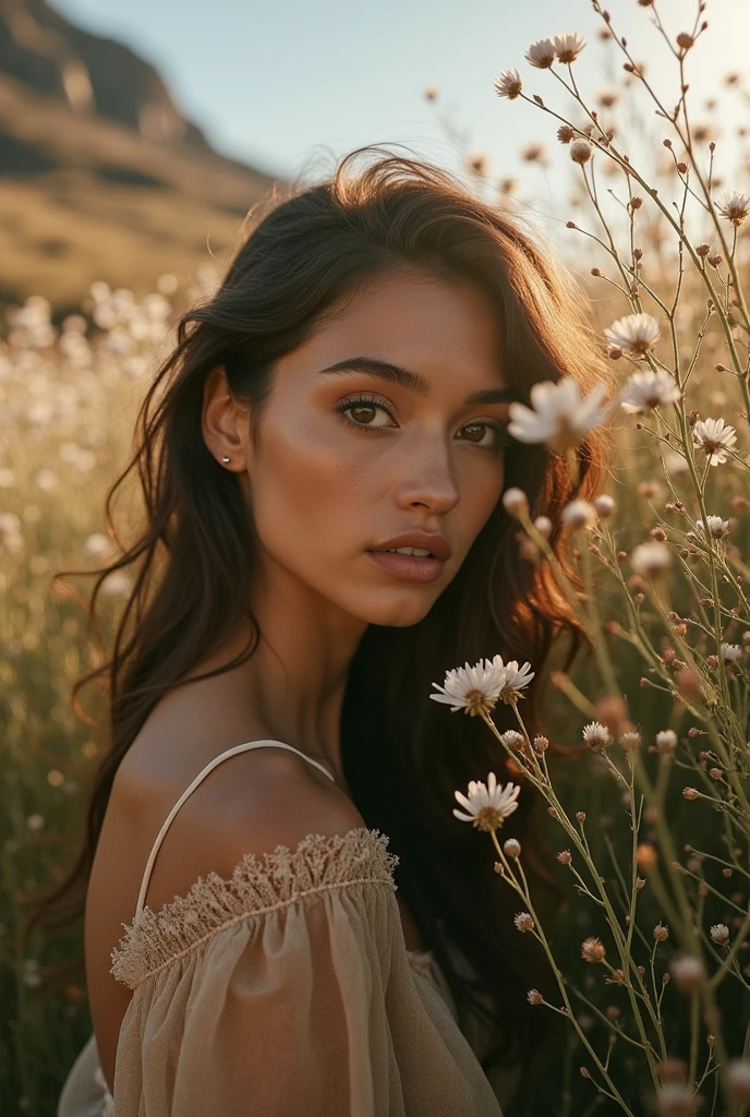 brunette model, olive skin, hot summer day, realistic model