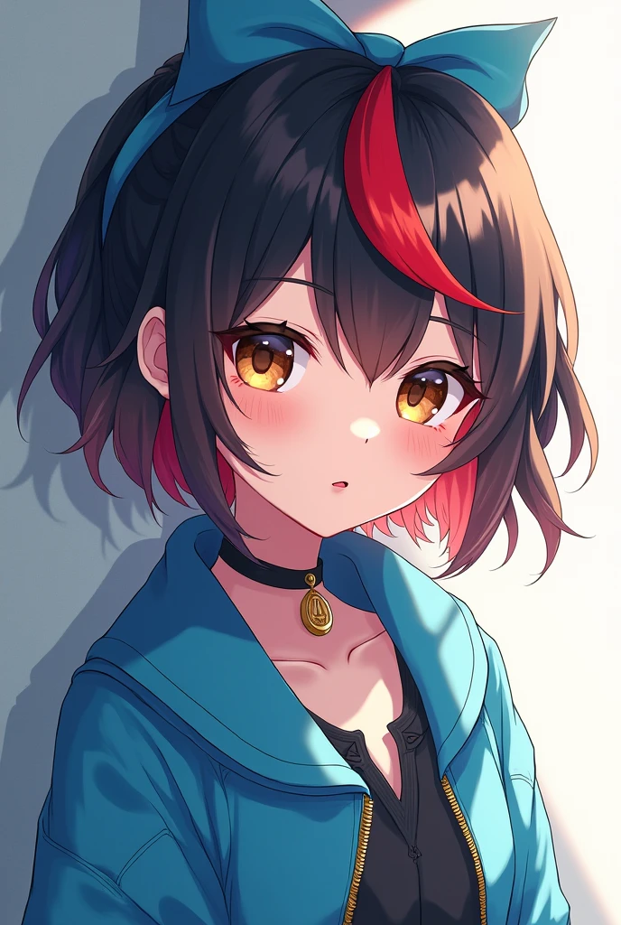 Girl anime hair black and red eye bronw clotingh blue and cyan girl cute