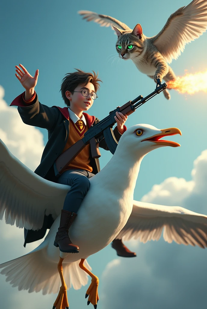 Harry potter surfing on a seagull firing an Ak-47 at a flying hover cat