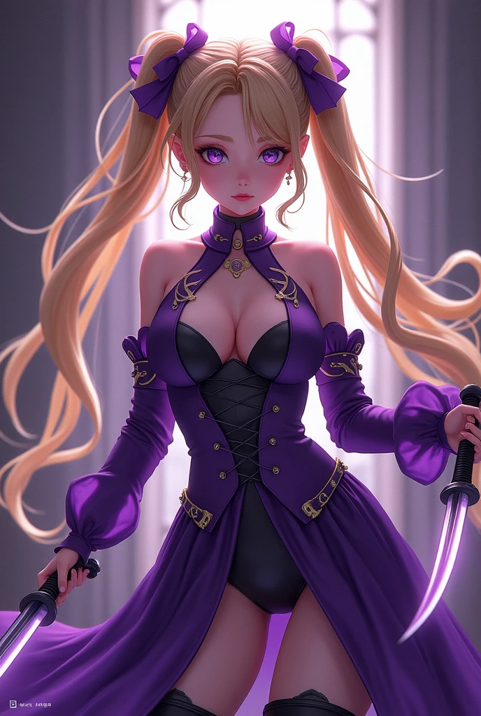 a beautiful detailed high quality anime style thicc female character, long flowing blonde hair in twin tails, large breasts, wearing a dark purple magical girl outfit, holding two daggers in a reverse grip, highly detailed, dramatic lighting, photorealistic, 8k, award winning digital art