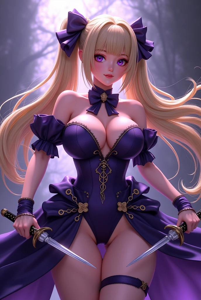 a beautiful detailed high quality anime style thicc female character, long flowing blonde hair in twin tails, large breasts, wearing a dark purple magical girl outfit, holding two daggers in a reverse grip, highly detailed, dramatic lighting, photorealistic, 8k, award winning digital art