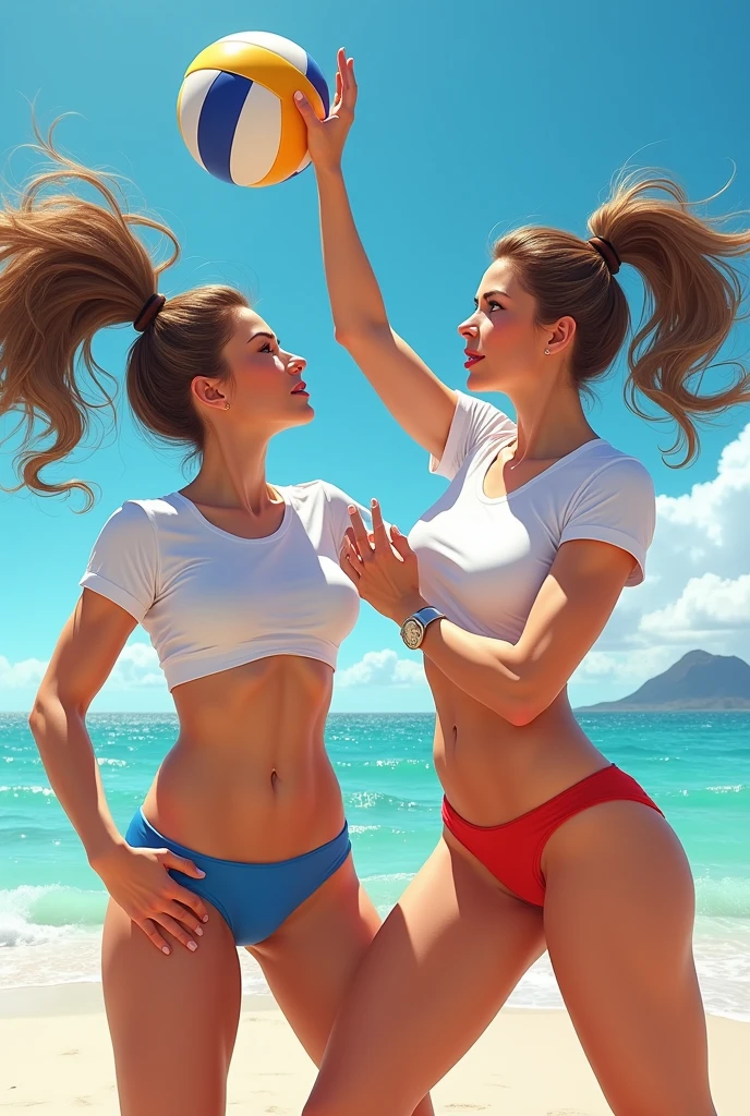 (best quality), (masterpiece), 2 women, Beach volleyball, muscular,  White T-shirt that clings to the body, Blue bikini bottoms, red bikini bottoms, 